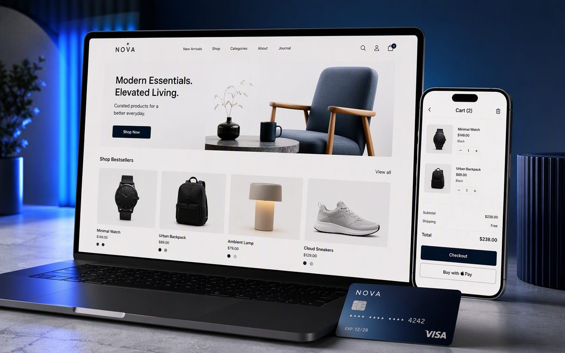 واجهة متجر إلكتروني على حاسوب محمول وجوال
